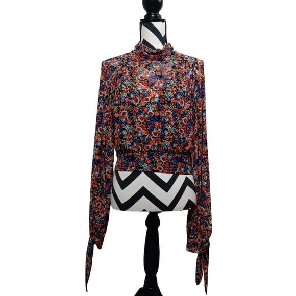 Free People All Dolled Up Sz S Boho Whimsigoth Dark Floral Mesh Blouse - Picture 2 of 14